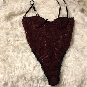 Burgundy and blank lace teddy